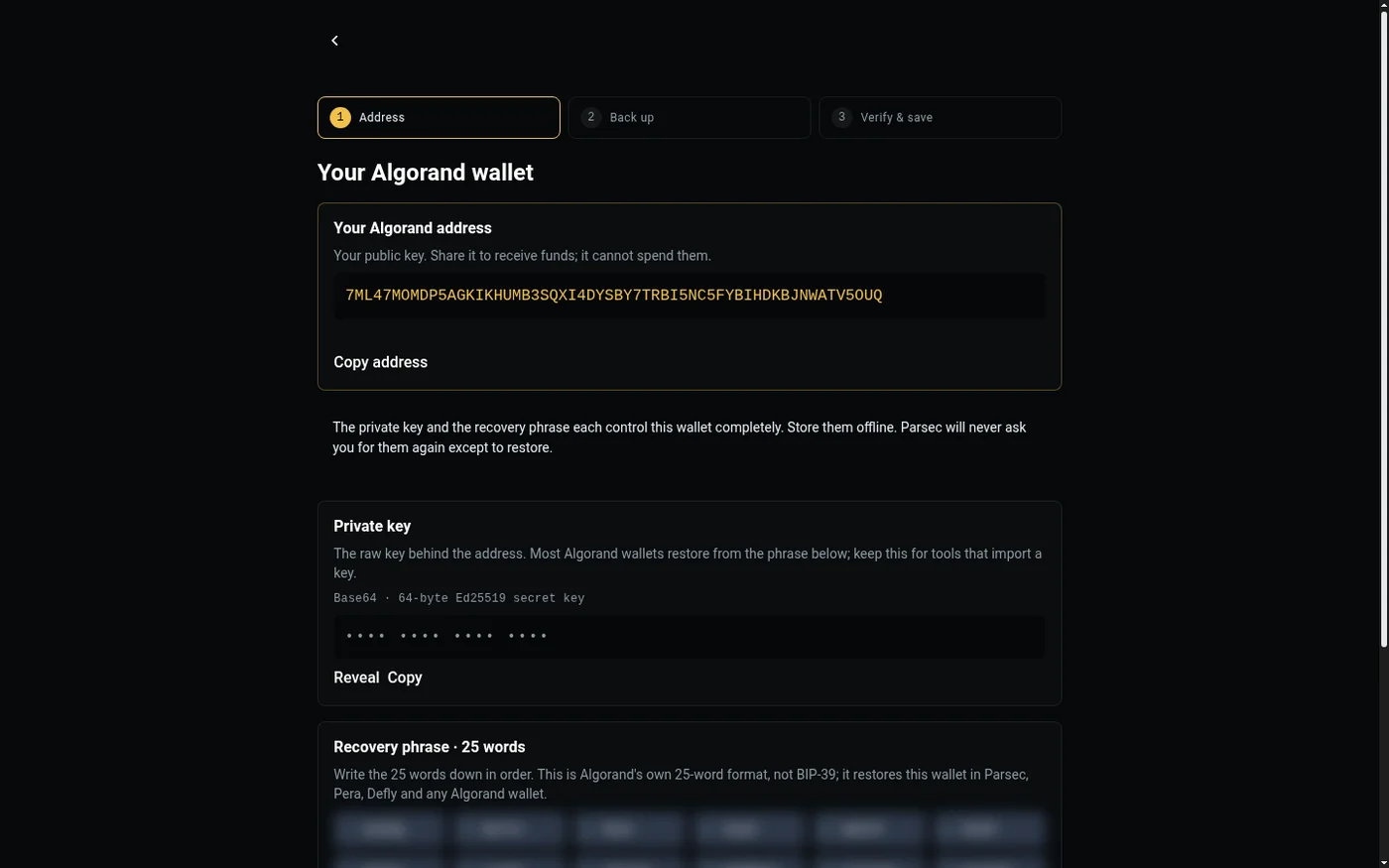 Creating an Algorand wallet in PARSEC: address, back up, verify and save